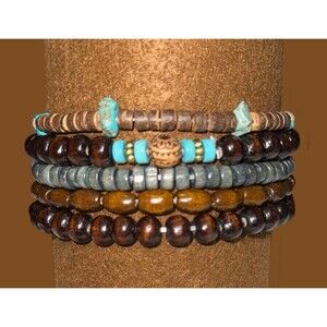 Boho Wooden Bead Bracelets - 5 Piece Set - Stacking Layering - Turquoise